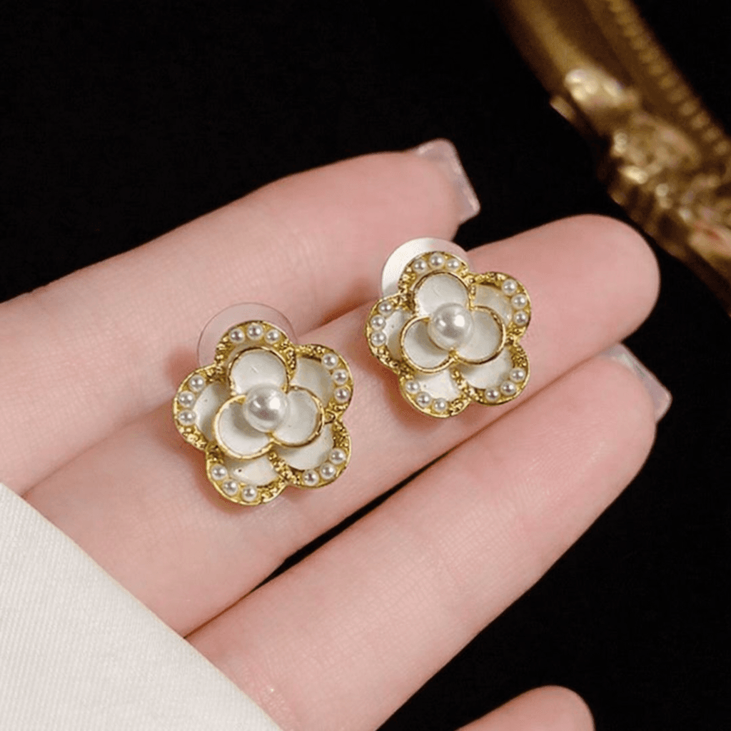 Floral pearl gold plated stud earrings