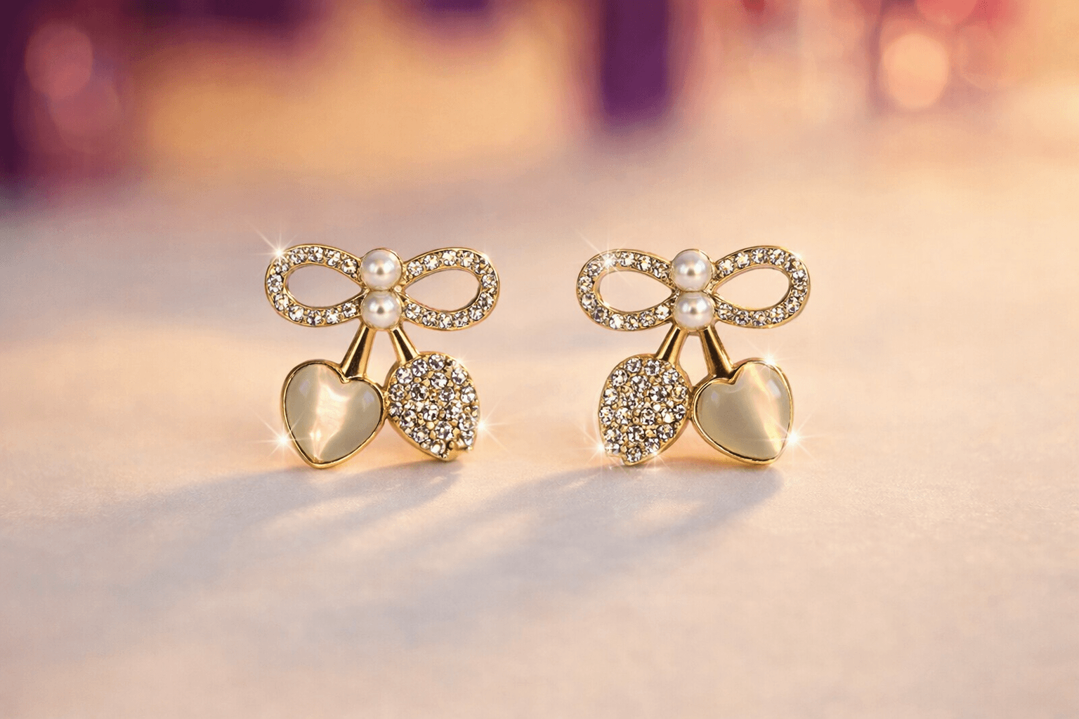 Gold Bow Cherry Studs 