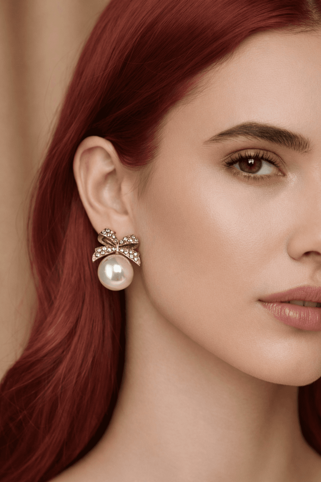 Gold Toned Bow Pearl Stud Earrings with American Diamonds