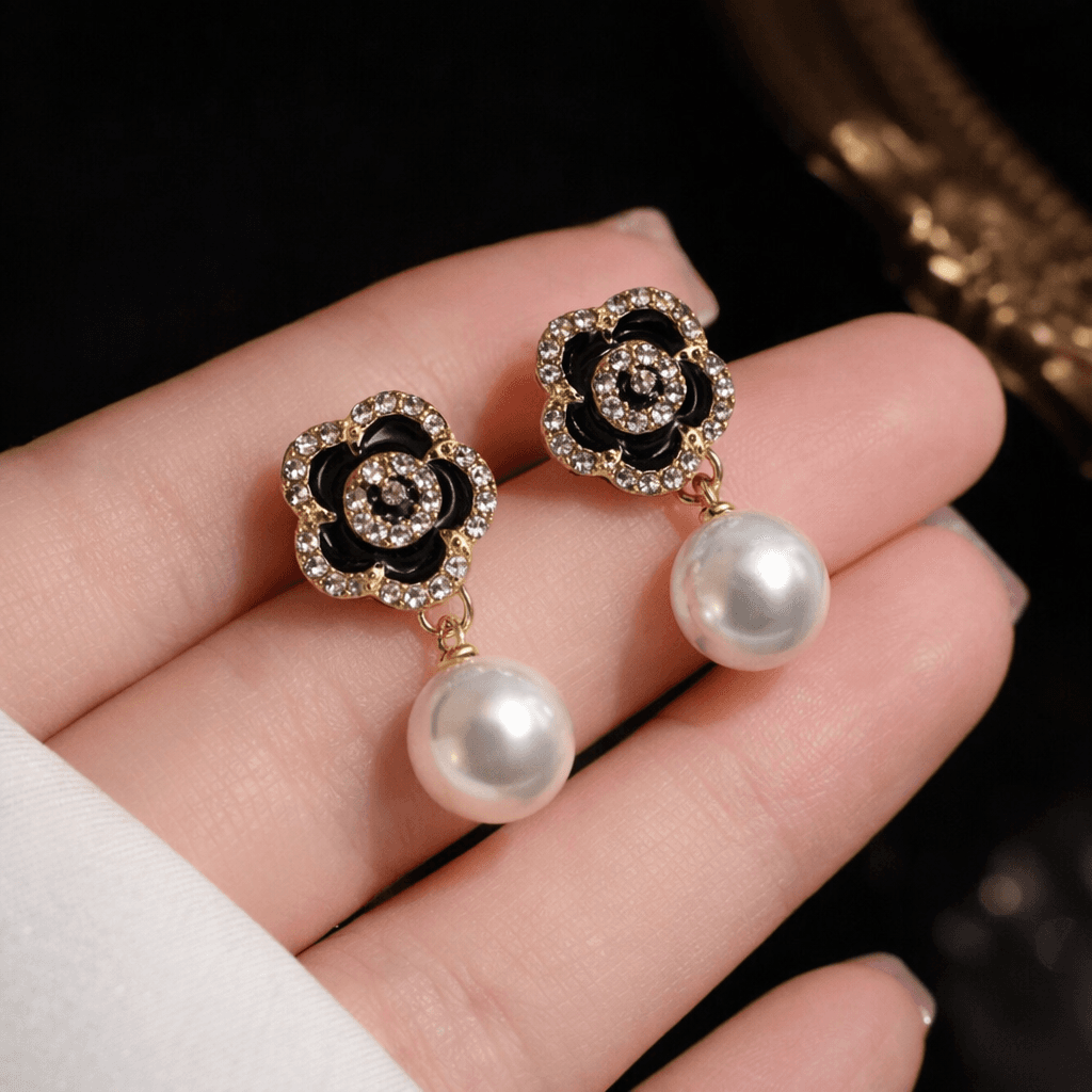 Black Rose With pearl Earrings