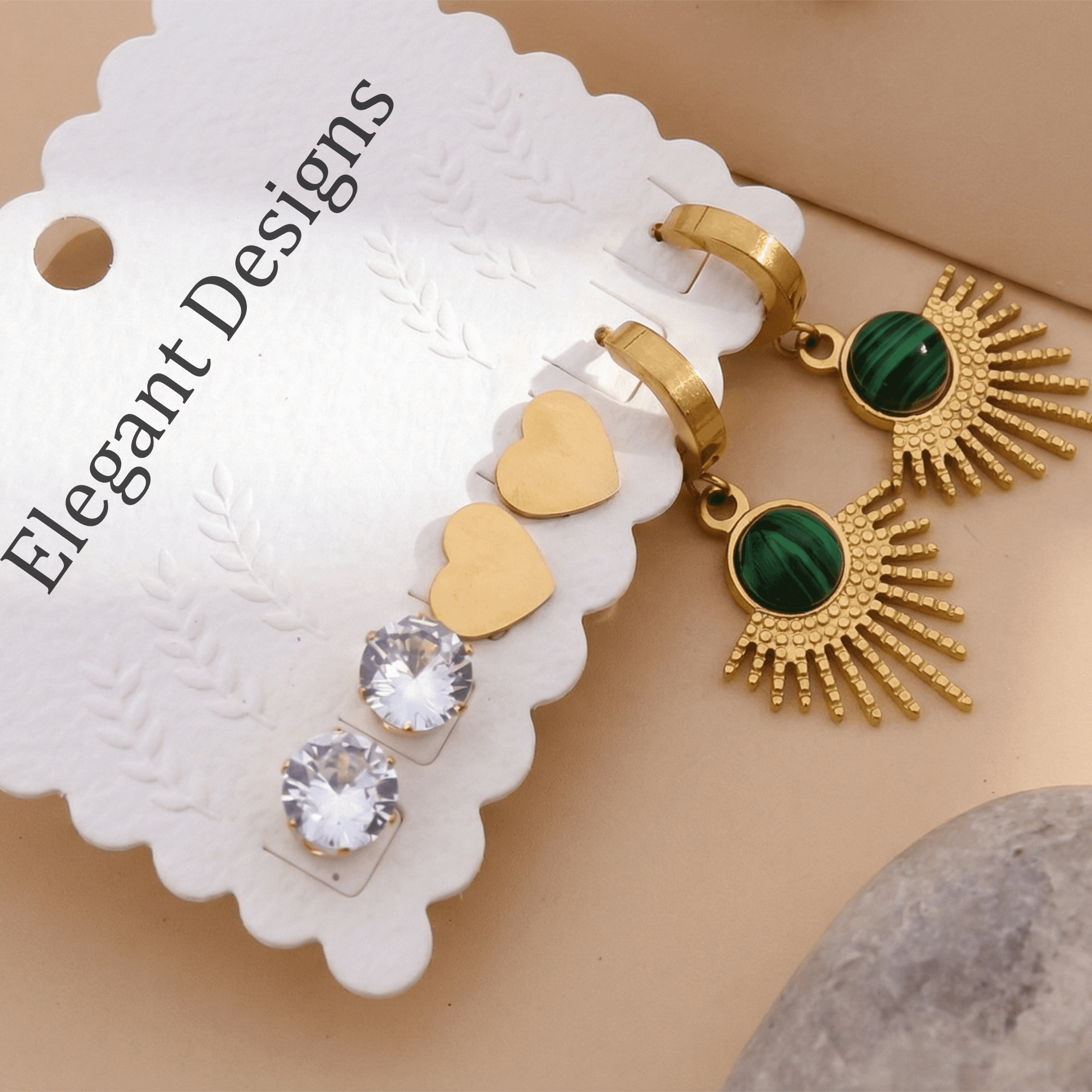 Gold Plated Sun & Heart Stud Earrings Set with Green Stone