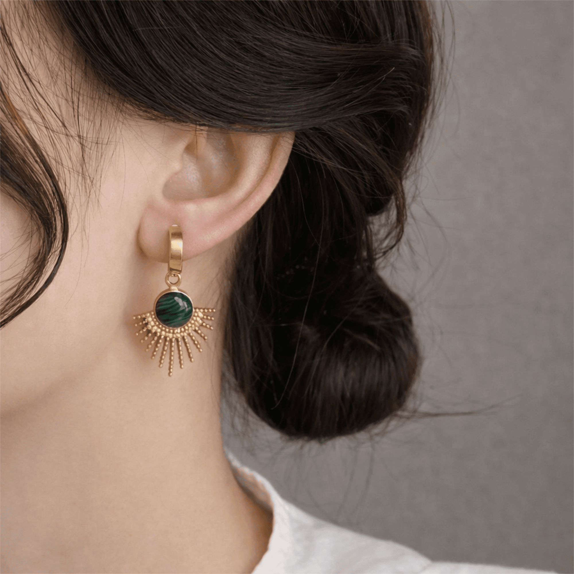 Gold Plated Sun & Heart Stud Earrings Set with Green Stone