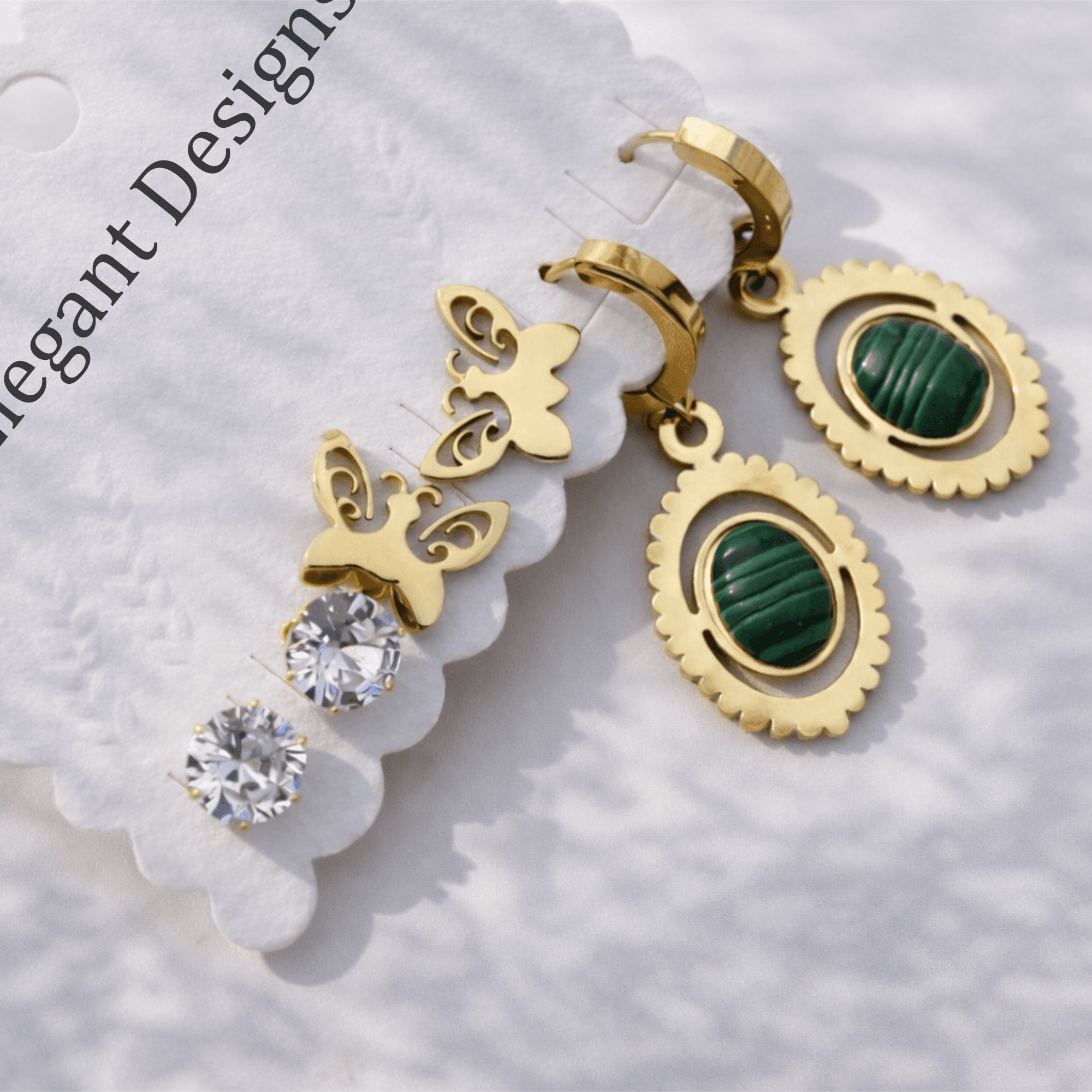 Gold Plated Green Stone Drop & Crystal Butterfly Stud Earrings Combo Set for Women