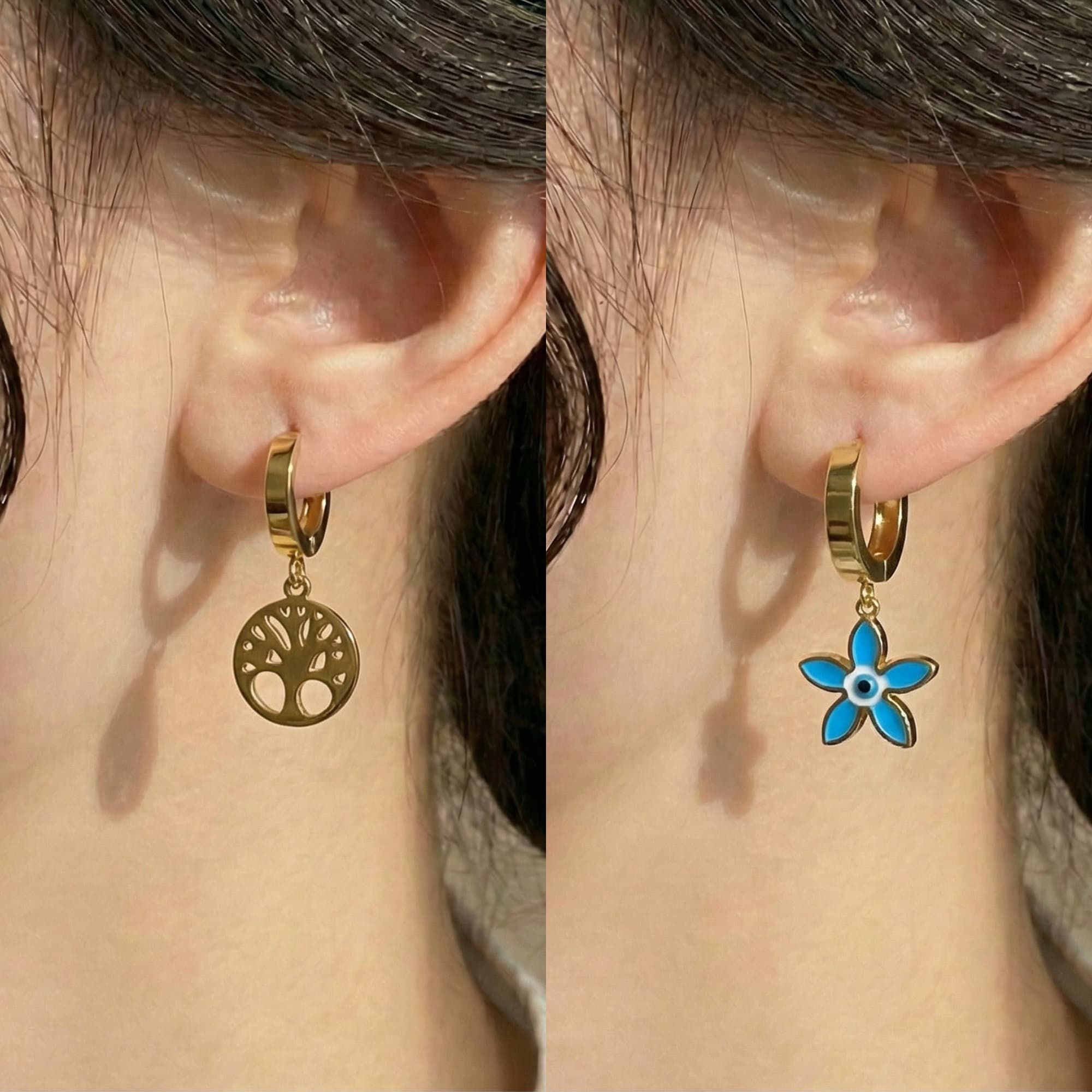 Anti Tarnish Gold Plated Blue Flower & Tree Mismatch Earrings for Women