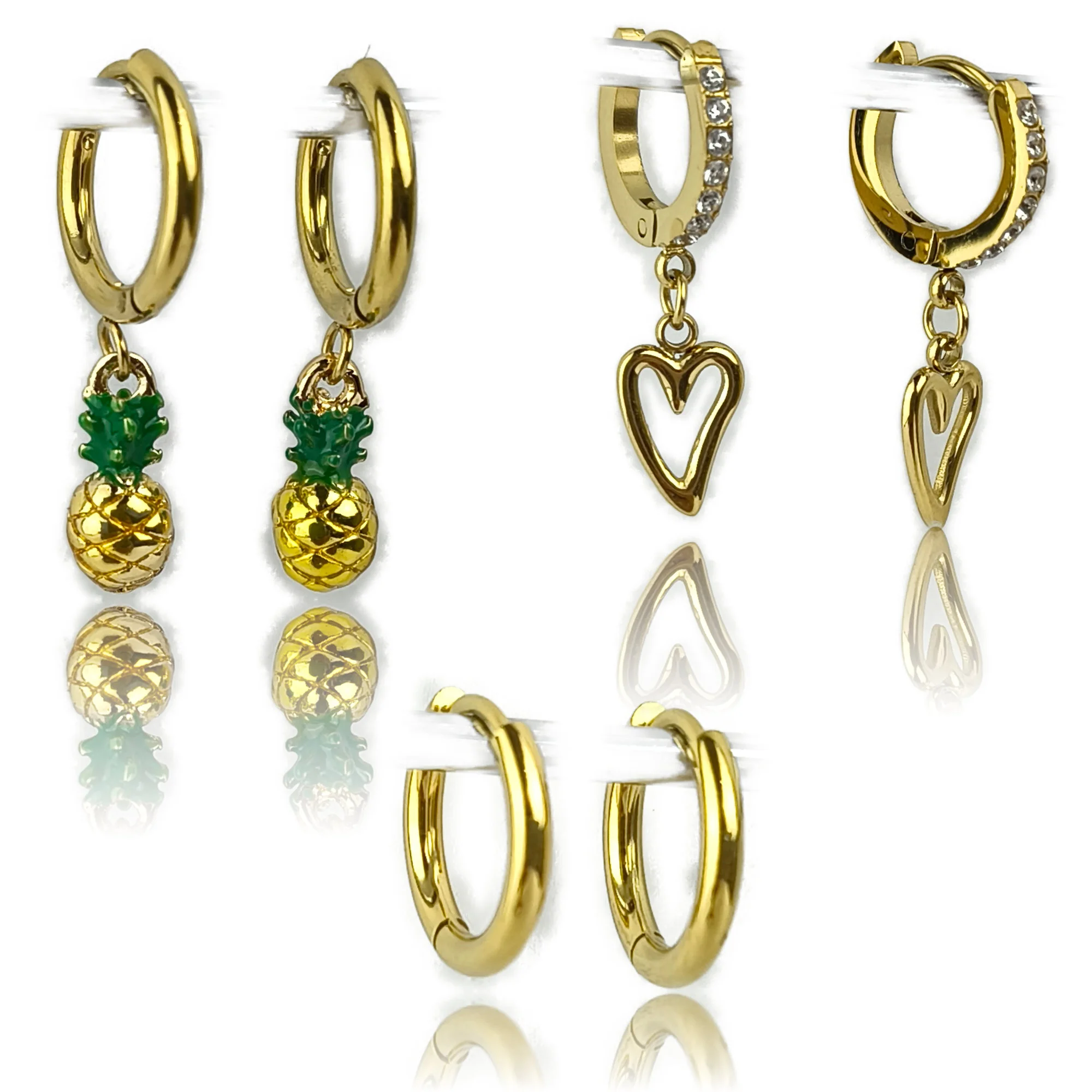 Gold Plated Hoop Earrings Combo Set for Women | Heart Drop, Pineapple Charm & Crystal Hoops