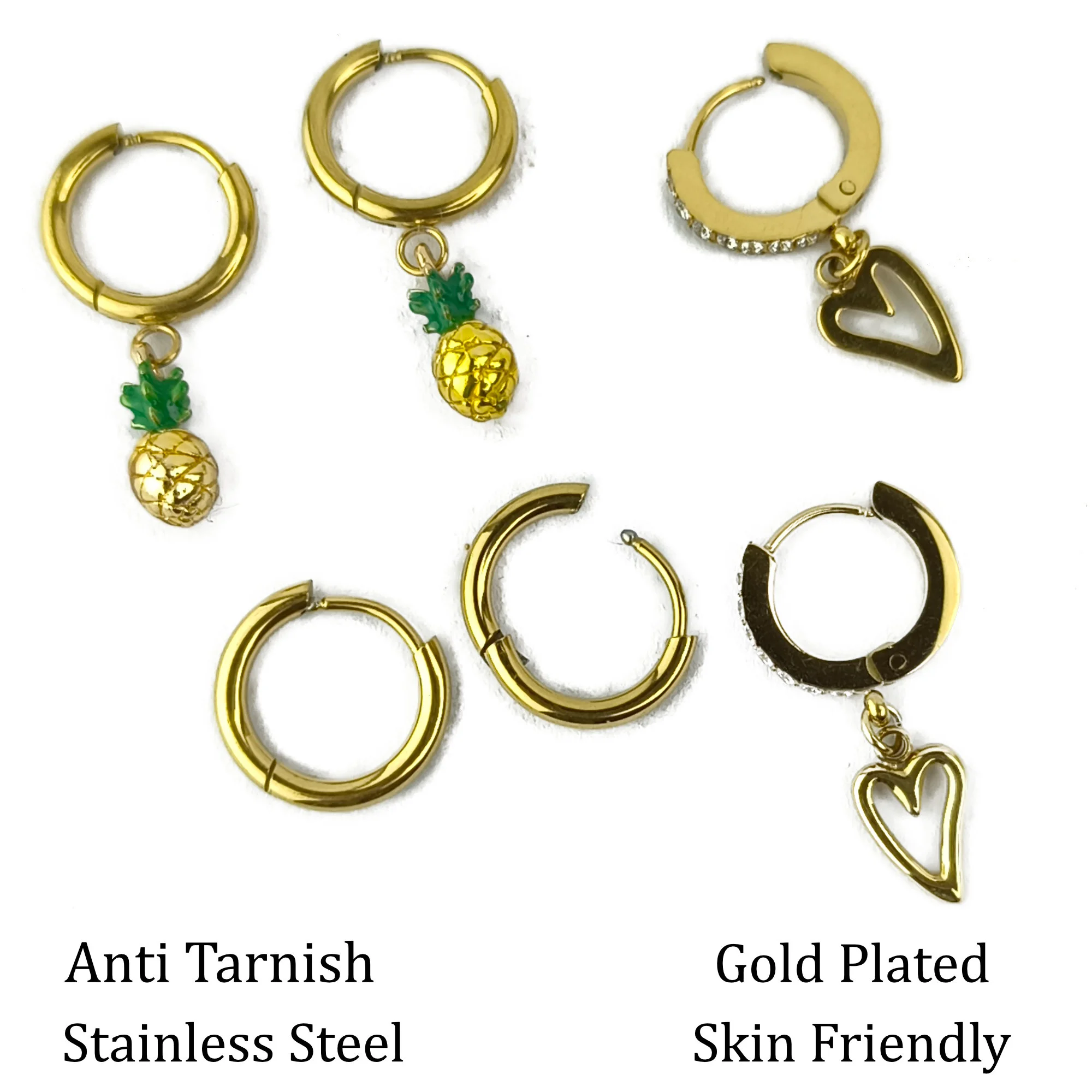 Gold Plated Hoop Earrings Combo Set for Women | Heart Drop, Pineapple Charm & Crystal Hoops