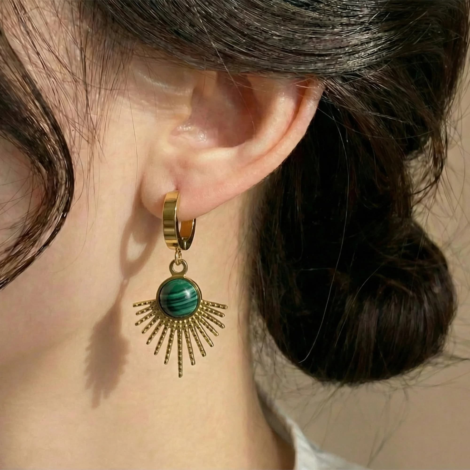 Gold Plated Sun & Heart Stud Earrings Set with Green Stone