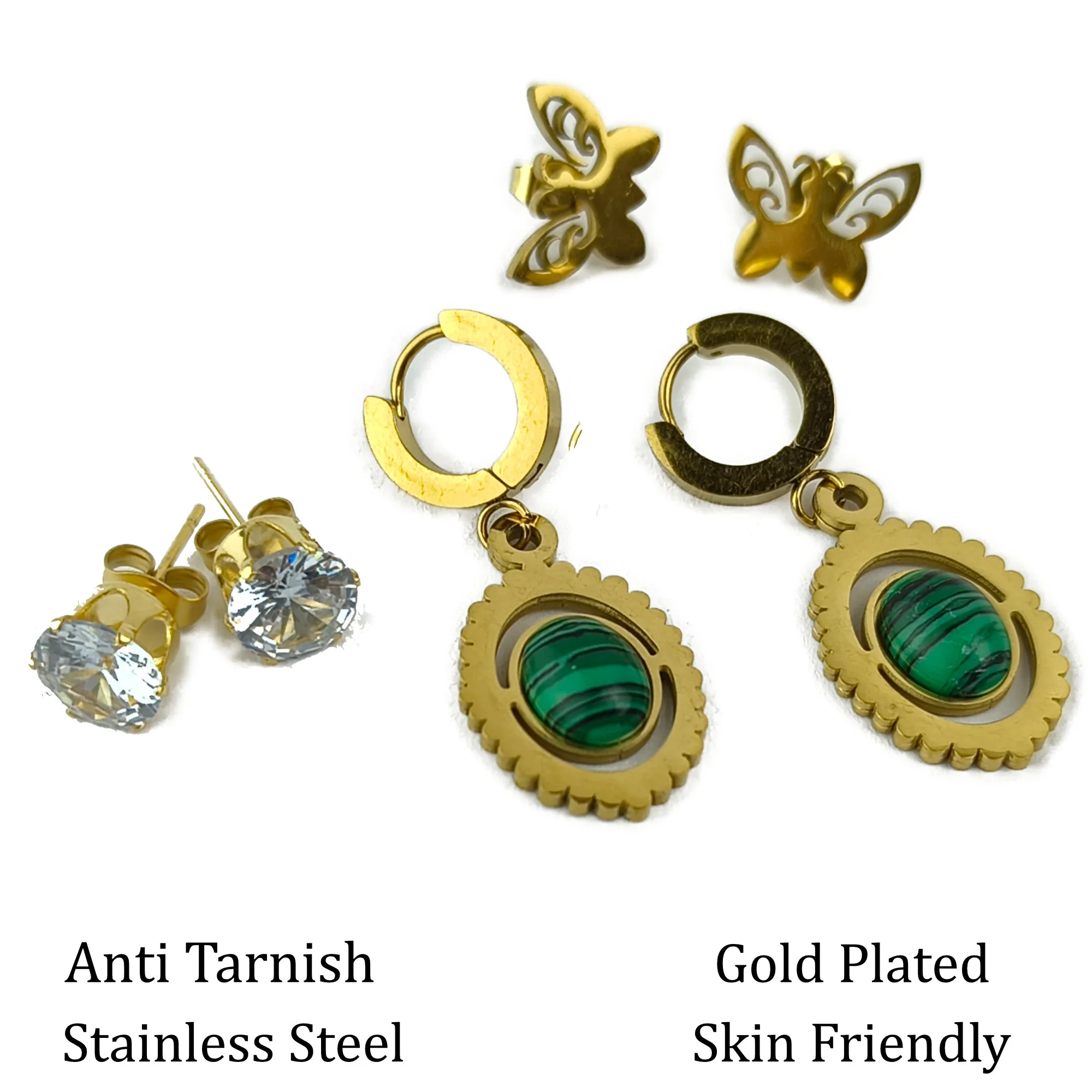 Gold Plated Green Stone Drop & Crystal Butterfly Stud Earrings Combo Set for Women