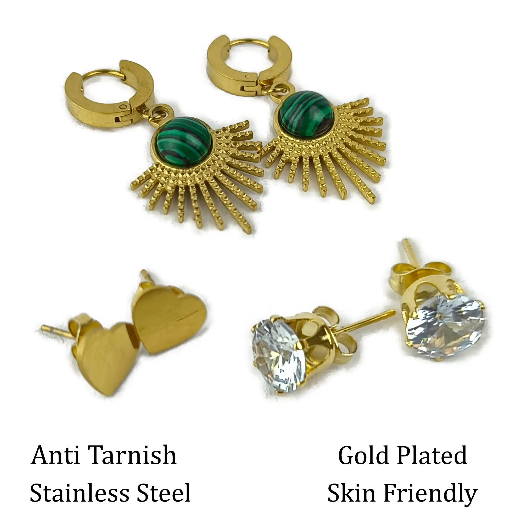 Gold Plated Sun & Heart Stud Earrings Set with Green Stone description