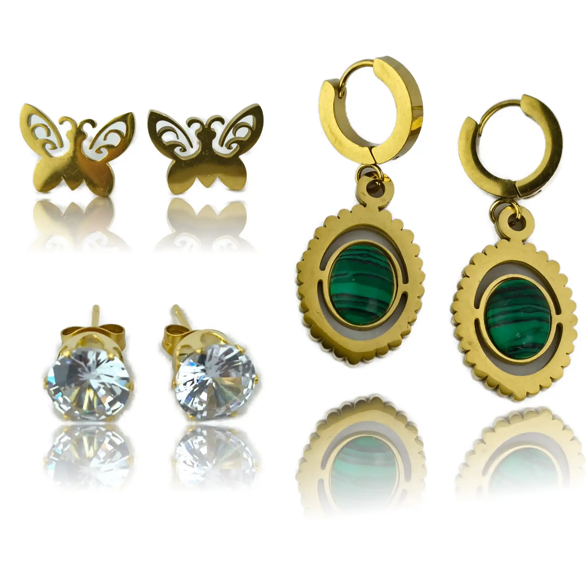 Gold Plated Green Stone Drop & Crystal Butterfly Stud Earrings Combo Set for Women