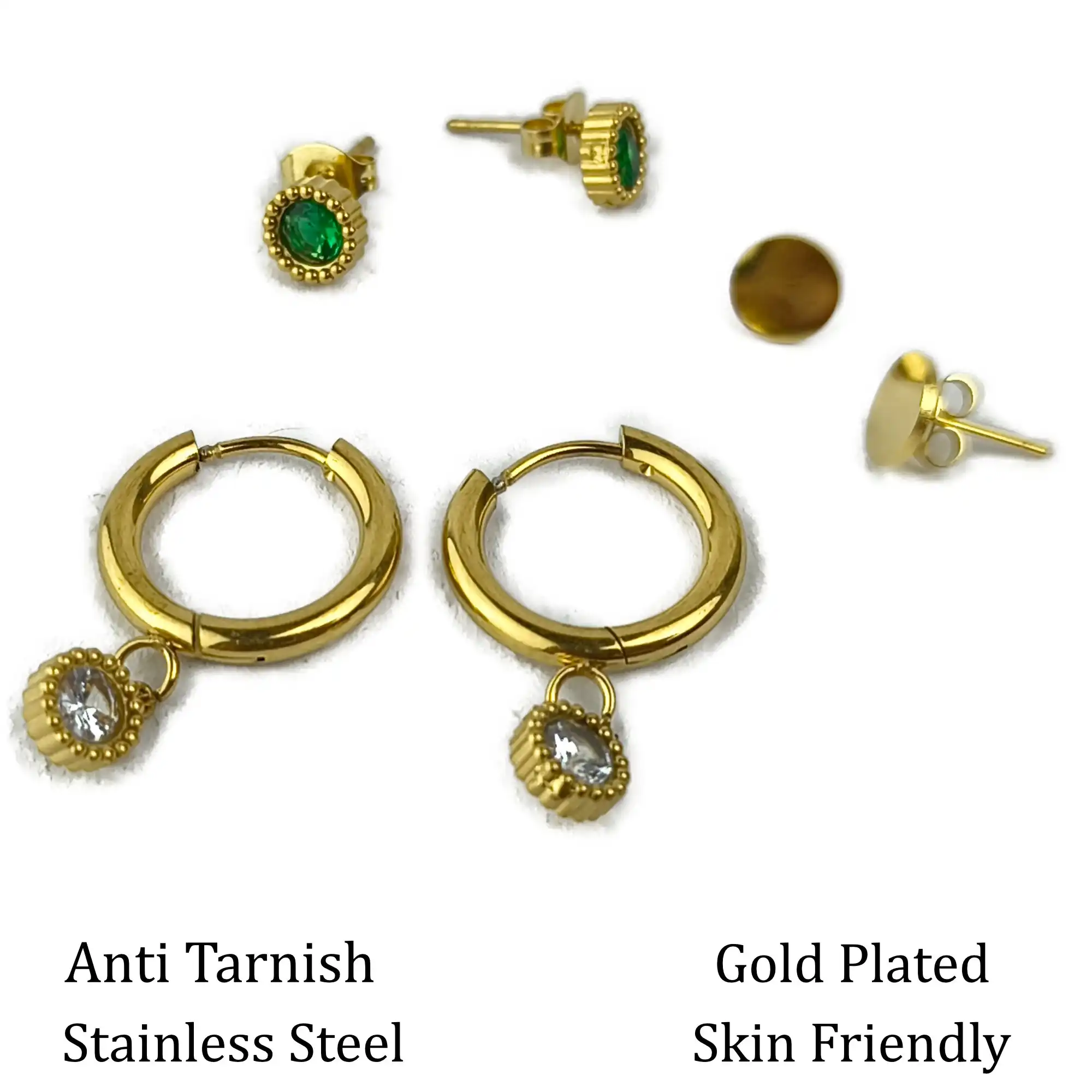 Gold Plated Hoop & Stud Earrings Combo Set for Women | Elegant Green & Clear Stones description